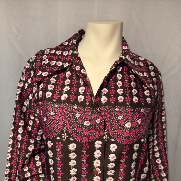 70s Mod Boho Pink Floral Blouse Pink Brown Pop Art  Big Collar Sz Large - Picture 2 of 6